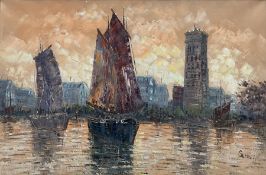 French School (20th century): Sailing Boats in River Cityscape