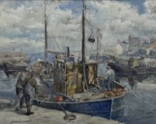 Mary M Brown (British 20th century): Fishermen Mooring to Harbour Wall