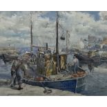 Mary M Brown (British 20th century): Fishermen Mooring to Harbour Wall