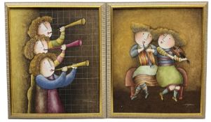 J Roybal (British 1955-): Children Playing Trumpets and Children Playing Violin and Trumpet