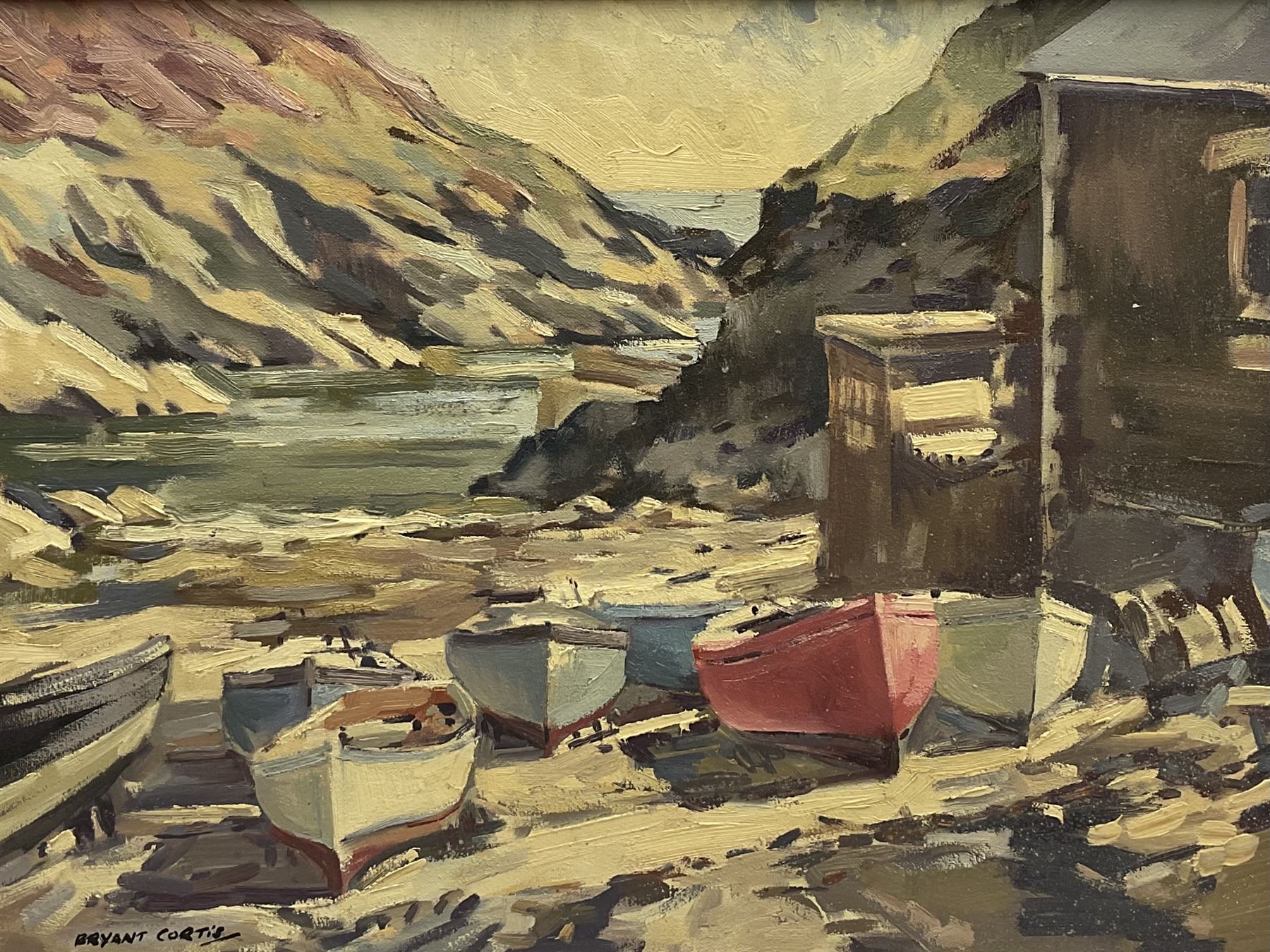 Bryant Cortis (British 20th century): Fishing Boats in a Cove
