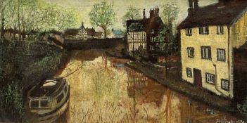 M F Dayton (British 20th century): Canal with Tudor Style Houses