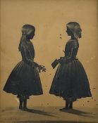 Samuel Metford (British 1810-1896): Victorian Silhouette of Two Girls - One Holding a Rose One Holdi