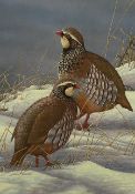 Robert E Fuller (British 1972-): Red Legged Partridges in Snow