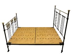 Victorian style black painted iron and brass 4’ 6” double bedstead