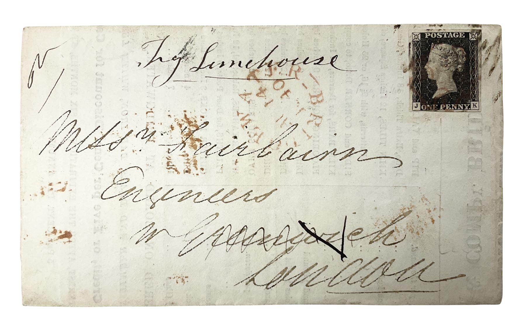 Queen Victoria penny black stamp on advertisement letter 'Browne & Compy Bridgwater'