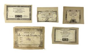 Five French Revolutionary period assignat notes (notes of this type were issued between 1789 and 179