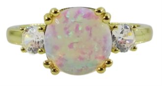 Silver-gilt single stone opal and cubic zirconia ring