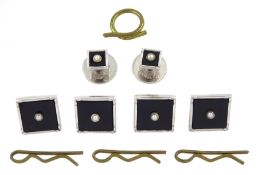 Set of four white gold black onyx and pearl cufflink buttons and two matching shirt studs