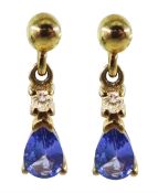 Pair of 9ct gold tanzanite and diamond pendant earrings