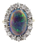 Mid 20th century 18ct gold oval black opal and old cut diamond cluster ring