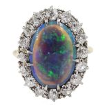 Mid 20th century 18ct gold oval black opal and old cut diamond cluster ring