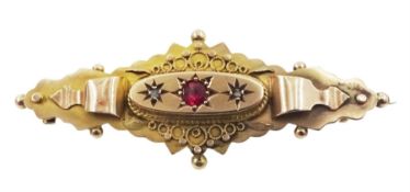 9ct gold diamond and pink stone mourning brooch