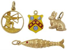 Gold articulated fish charm and gold enamel coat of arms