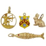 Gold articulated fish charm and gold enamel coat of arms