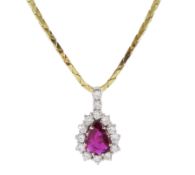 18ct white and yellow gold pear shaped ruby and round brilliant cut diamond cluster pendant necklace