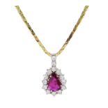 18ct white and yellow gold pear shaped ruby and round brilliant cut diamond cluster pendant necklace