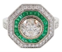 18ct white gold round brilliant cut diamond and calibre cut emerald hexagonal ring