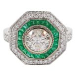 18ct white gold round brilliant cut diamond and calibre cut emerald hexagonal ring