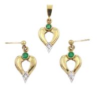 9ct gold diamond and green stone set pendant stud earrings and matching pendant