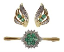 Pair of gold emerald and diamond stud earrings and a gold emerald and diamond bar brooch