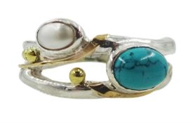 Silver and 14ct gold wire turquoise and pearl ring