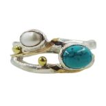 Silver and 14ct gold wire turquoise and pearl ring