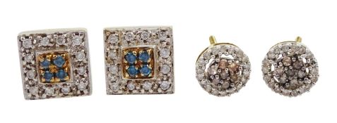 Pair of blue and white diamond square cluster stud earrings and a pair of gold fancy champagne and w