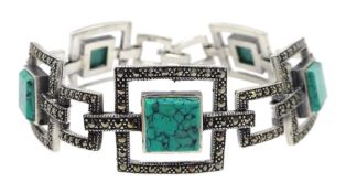 Silver turquoise and marcasite square link bracelet