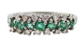 18ct white gold three row emerald and diamond ring