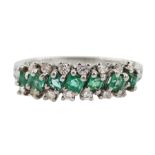 18ct white gold three row emerald and diamond ring