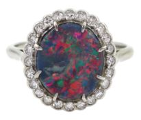 White gold and platinum milgrain set black opal and diamond cluster ring