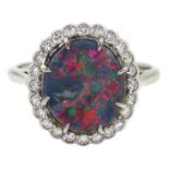 White gold and platinum milgrain set black opal and diamond cluster ring