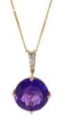 9ct gold round amethyst and diamond pendant necklace