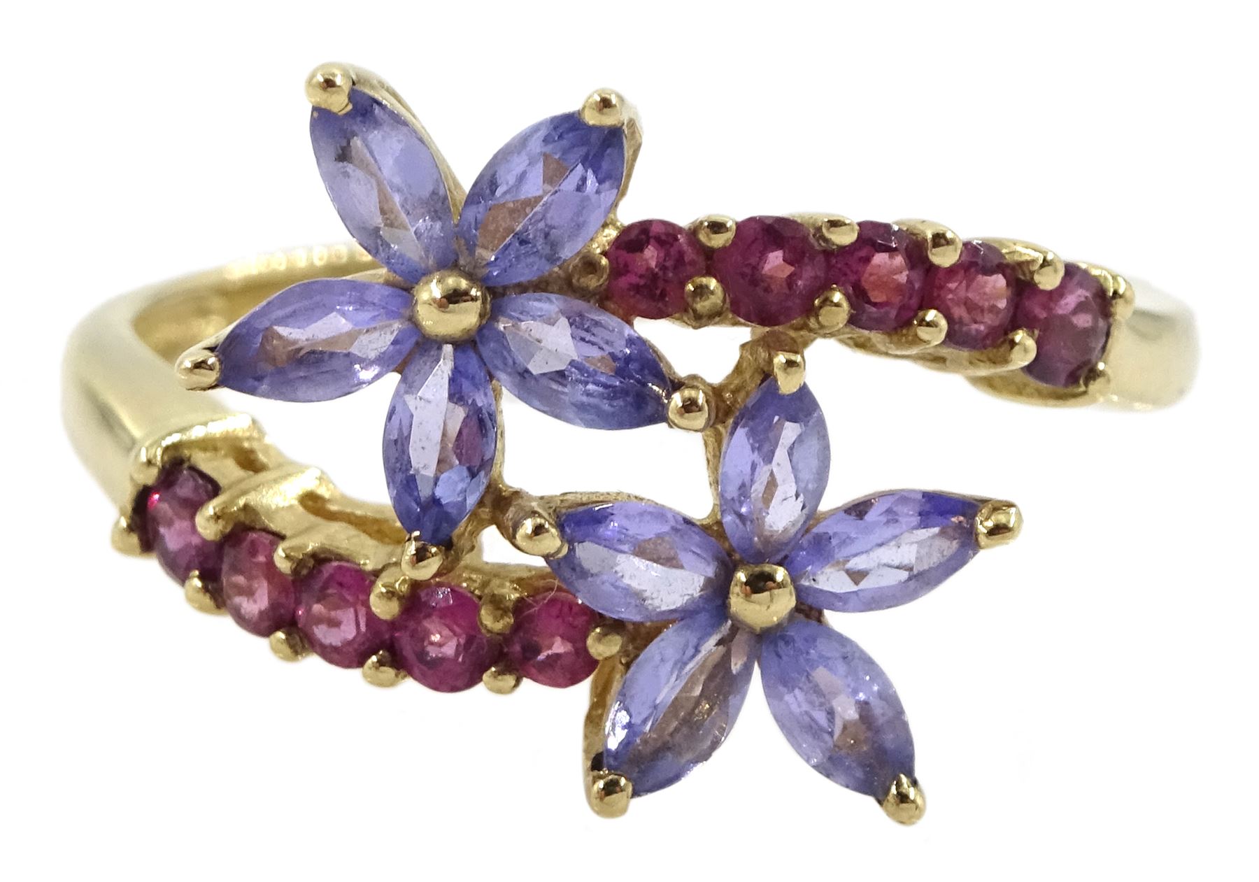 9ct gold marquise shaped tanzanite and pink stone set flower crossover ring