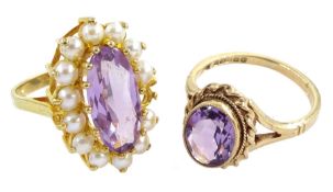 Gold single stone amethyst ring and a gold amethyst and pearl cluster ring