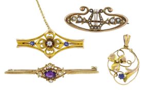Edwardian 15ct gold diamond and sapphire flower bar brooch