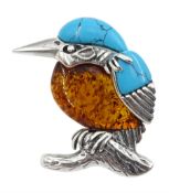 Silver amber and turquoise kingfisher brooch