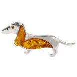 Silver Baltic amber Dachshund brooch with stone set eye