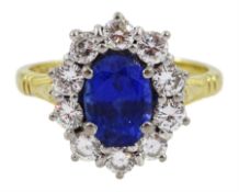 18ct gold oval Ceylon sapphire and round brilliant cut diamond cluster ring