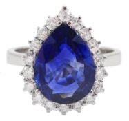 18ct white gold fine pear shaped Ceylon sapphire and round brilliant cut diamond cluster ring