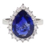 18ct white gold fine pear shaped Ceylon sapphire and round brilliant cut diamond cluster ring