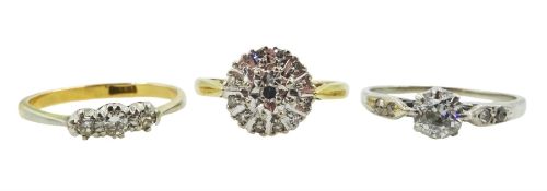 Gold diamond cluster ring and three stone diamond ring