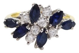 18ct gold marquise shaped sapphire and round brilliant cut diamond cluster ring