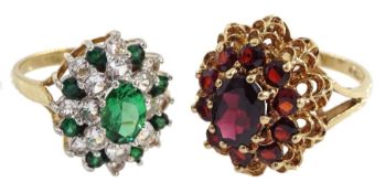 Gold garnet cluster ring and a gold paste green and clear stone cluster ring