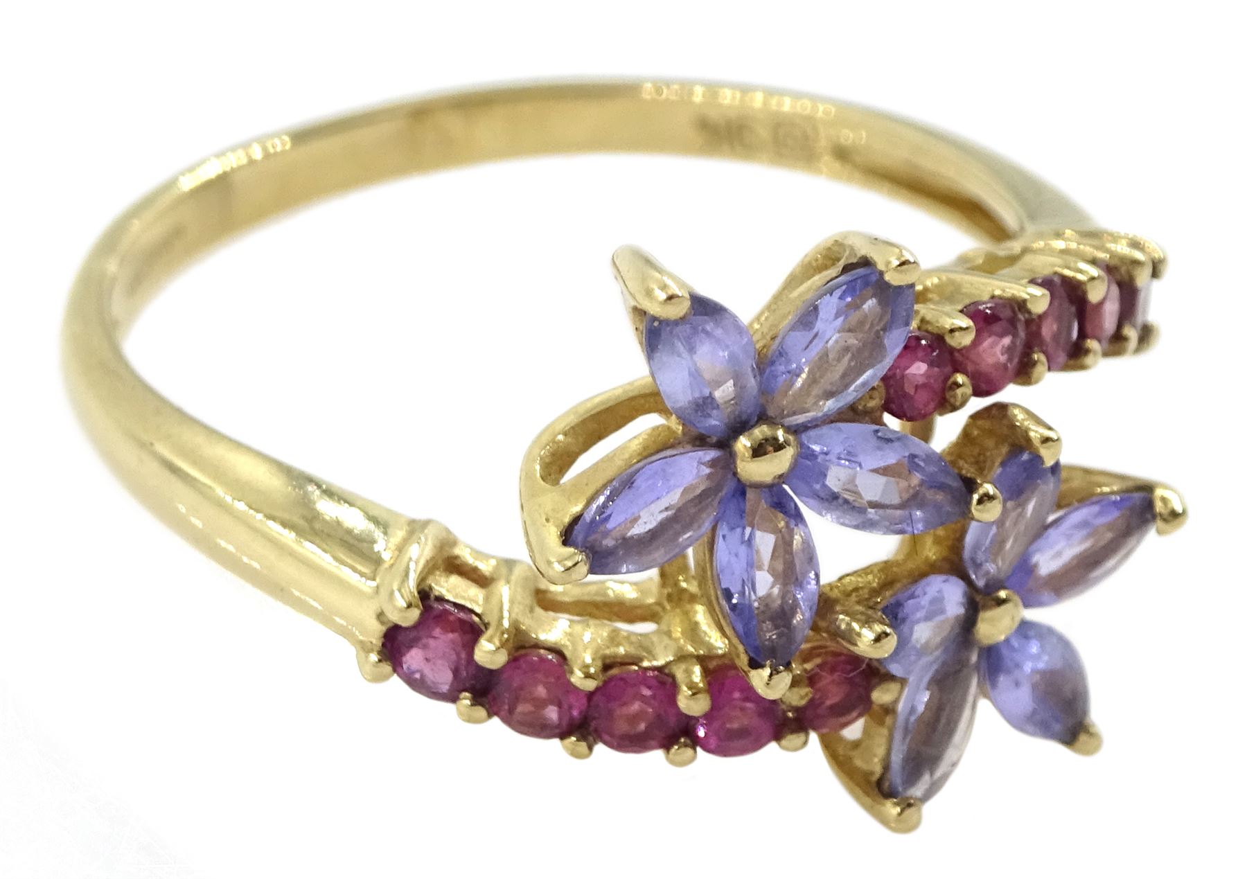 9ct gold marquise shaped tanzanite and pink stone set flower crossover ring - Image 3 of 4