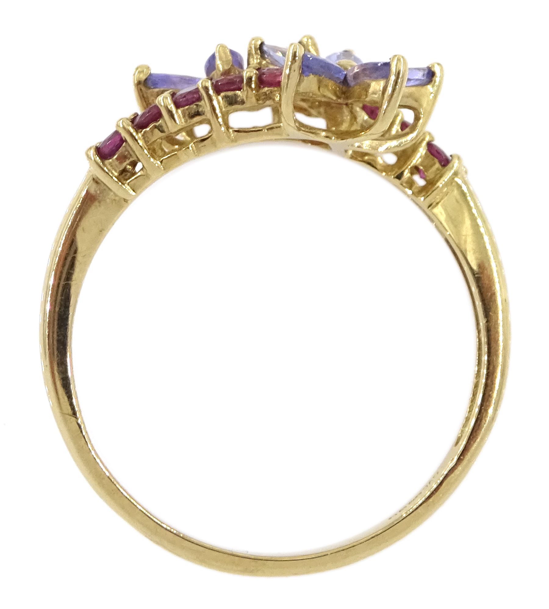 9ct gold marquise shaped tanzanite and pink stone set flower crossover ring - Image 4 of 4
