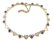 9ct gold round amethyst and diamond heart link bracelet