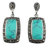 Pair of silver marcasite and turquoise pendant earrings