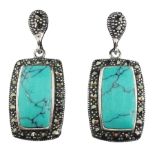 Pair of silver marcasite and turquoise pendant earrings